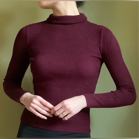 Zara Tops - Final Price! Zara Ribbed Knit Turtleneck, Dark Burgundy Maroon Fitted Longlseeve
